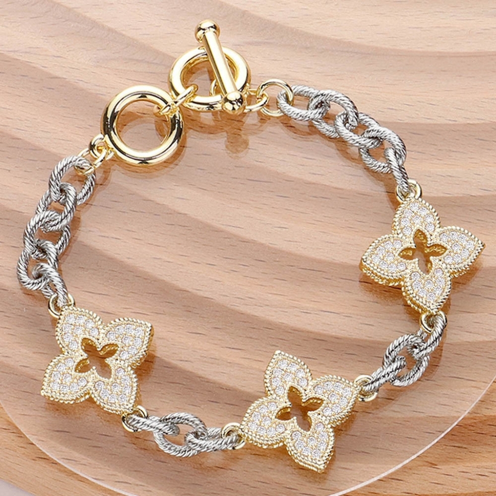 14K Gold Plated CZ Stone Two Tone Clover Link Chain Toggle Bracelet Pendant